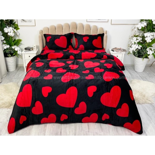 Lenjerie pat dublu, Super Pufoasa COCOLINO,cu ELASTIC, 4 piese, Negru, Inimioare [1]