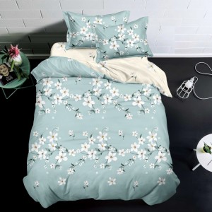 Lenjerie pat 1 PERSOANA, FINET, 4 piese, Bleu, Crem, flori