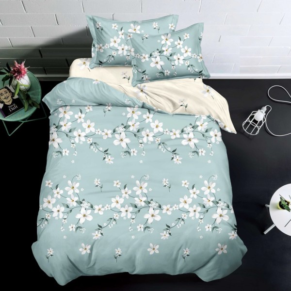 Lenjerie pat 1 PERSOANA, FINET, 4 piese, Bleu, Crem, flori [1]
