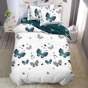 Lenjerie pat 1 PERSOANA, FINET, 4 piese, Alb, Verde, fluturi Lenjerie pat 1 PERSOANA, FINET, 4 piese, Alb, Verde, fluturi