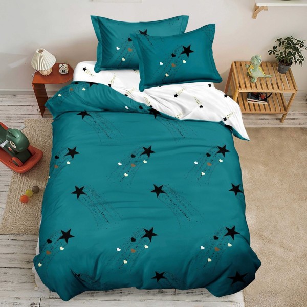 Lenjerie pat 1 PERSOANA, FINET, 4 piese, Alb, Verde, stelute [1]