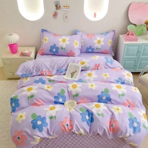 Lenjerie pat 1 PERSOANA, FINET, 4 piese, Mov, flori