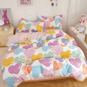 Lenjerie pat 1 PERSOANA, FINET, 4 piese, Alb, multicolor, inimioare