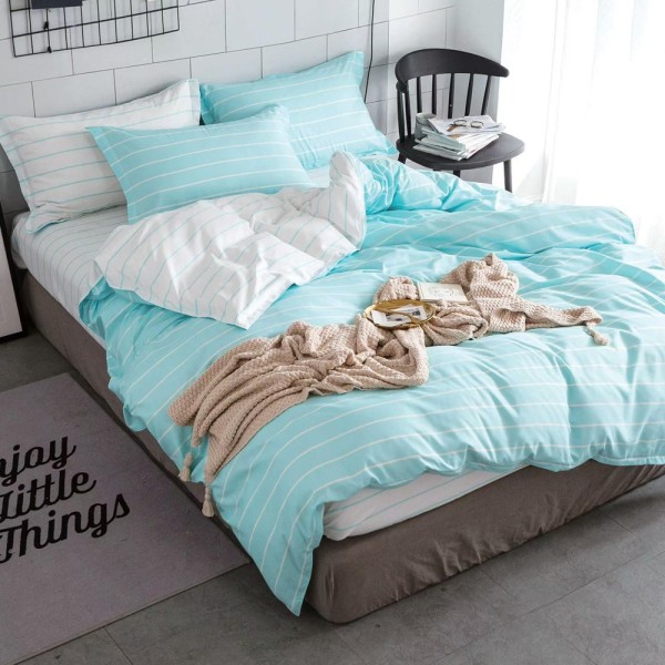 Lenjerie pat dublu (140x200cm, 160x200cm, 180x200cm), bumbac satinat, cearsaf clasic, 4 piese,  Alb, Bleu, dungi [1]