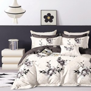 Lenjerie pat dublu cu ELASTIC (160x200cm, 180x200cm), Finet Soft, 4 piese, Crem, flori