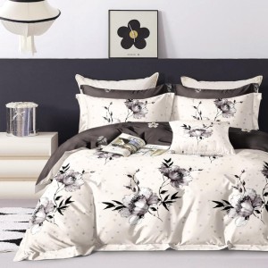 Lenjerie pat dublu (140x200cm, 160x200cm, 180x200cm), Finet Soft, cearsaf clasic, 4 piese, Crem, flori