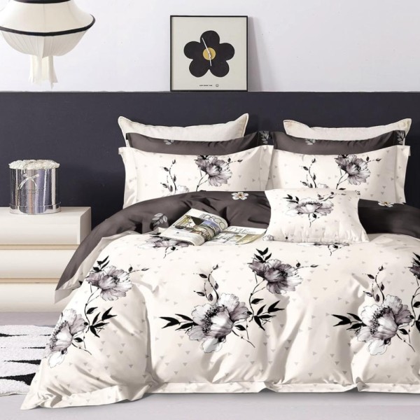 Lenjerie pat dublu (140x200cm, 160x200cm, 180x200cm), Finet Soft, cearsaf clasic, 4 piese, Crem, flori [1]