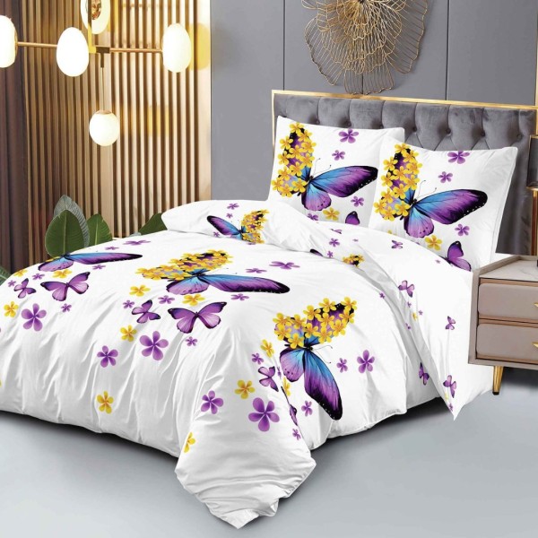 Lenjerie pat dublu (140x200cm, 160x200cm), 4 piese, microfibra, Pucioasa, alb, mov, fluturi [1]