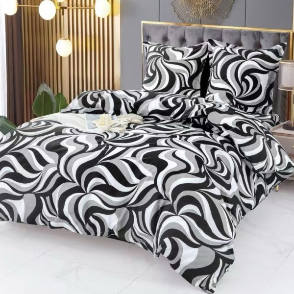 Lenjerie pat dublu (140x200cm, 160x200cm), 4 piese, microfibra, Pucioasa, alb, gri, negru, abstract [1]
