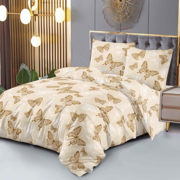 Lenjerie pat dublu (140x200cm, 160x200cm), 4 piese, microfibra, Pucioasa, bej, fluturi [1]