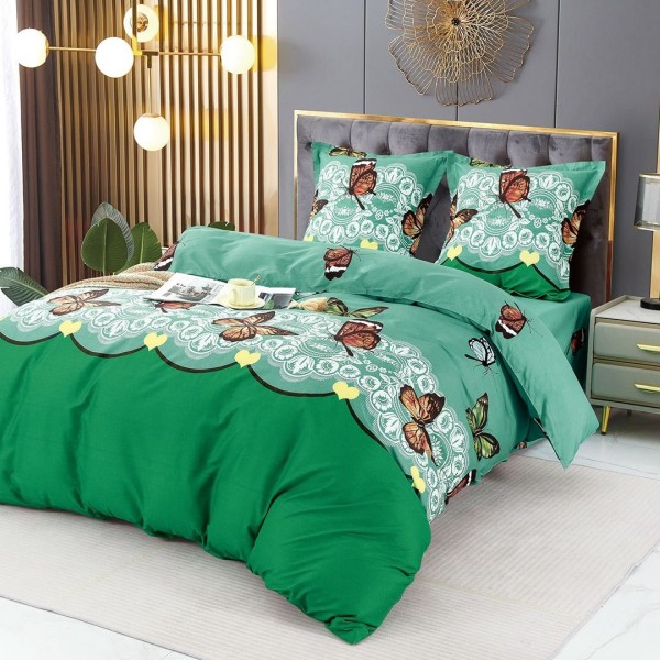 Lenjerie pat dublu (140x200cm, 160x200cm), 4 piese, microfibra, Pucioasa, verde, fluturi [1]