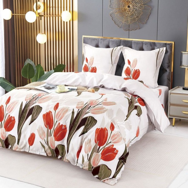 Lenjerie pat dublu (140x200cm, 160x200cm), 4 piese, microfibra, Pucioasa, crem, flori [1]