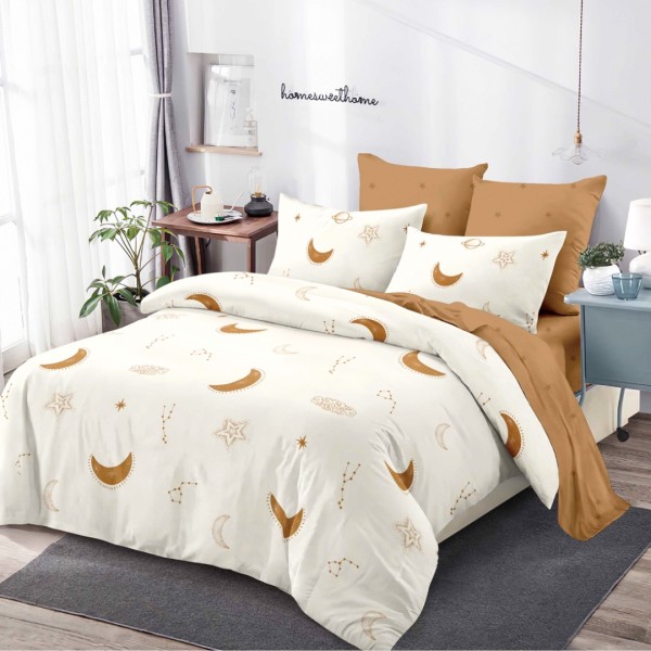 Lenjerie pat dublu,  FINET, cu elastic, 6 piese, Crem, Maro, Stele si Luna [1]