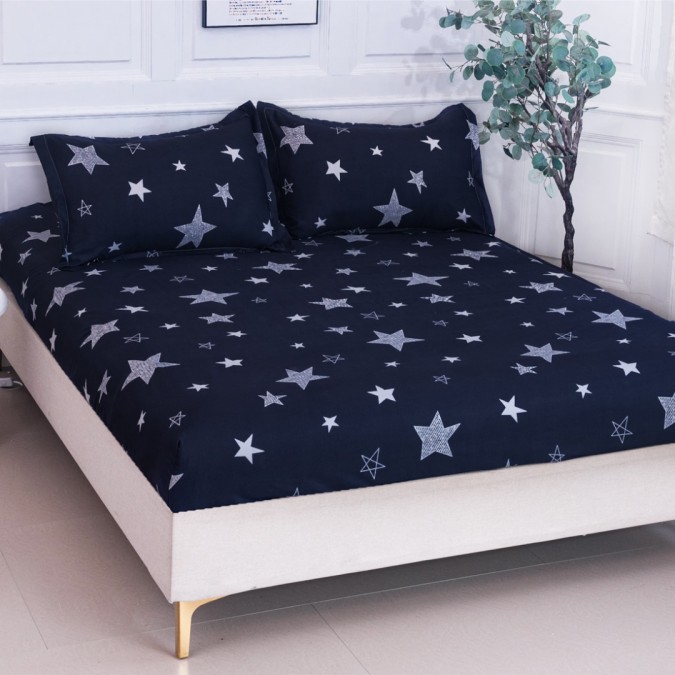 Cearșaf cu Elastic 180x200 cm + 2 Fețe de Pernă 50x70 cm – Bumbac Satinat Premium Bleumarin Stelute