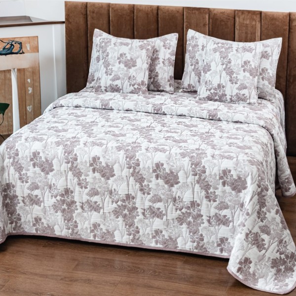 Cuvertura Pat Dublu, Bumbac cu In, Model Brodat Direct în Tesatura, 230x250 cm, 2 fete de perna 52x72cm, 2 fete de perna 46x46cm, Alb, Pudra, Flori [1]