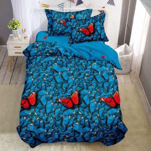 Lenjerie pat 1 PERSOANA, FINET, 4 piese, Albastru, fluturi