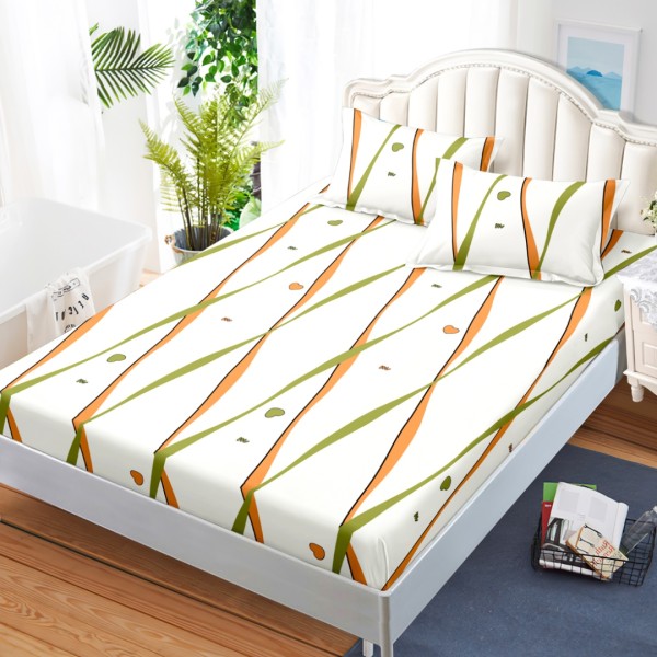 Cearsaf cu elastic, Bumbac FINET, 160x200cm, 2 fete de perne 50x70cm, Crem, Inimioare, Dungi [1]