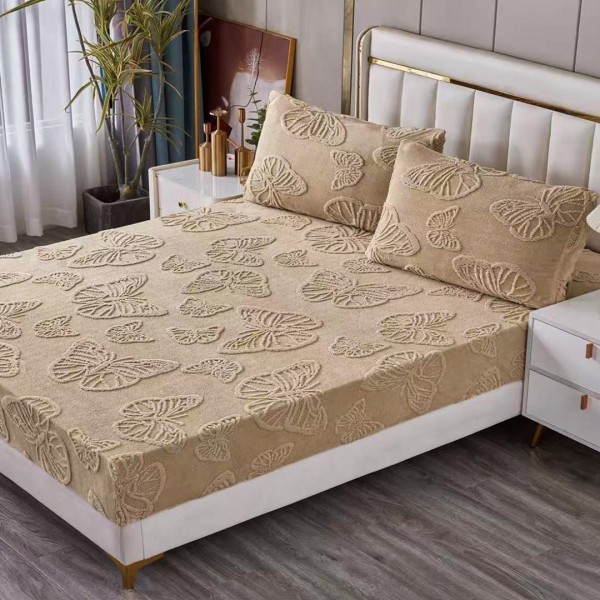 Cearșaf Cocolino 180/200 cm – Elastic 360°,  + 2 Fete Perna, Model Fluturi 3D, Moale și Călduros, Bej [1]