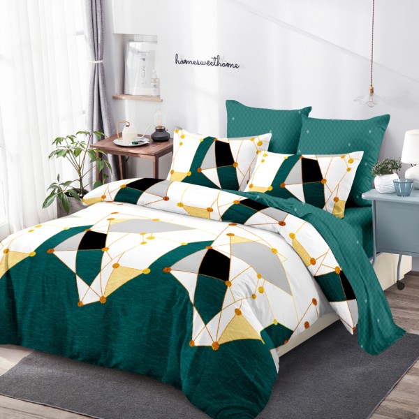 Lenjerie pat dublu,  FINET, cu elastic, 6 piese, Crem, Verde, Forme Geometrice [1]