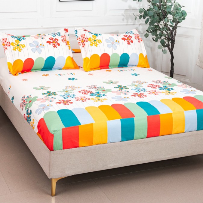 Cearșaf cu Elastic 180x200 cm + 2 Fețe de Pernă 50x70 cm – Bumbac Satinat Premium, Alb, Floricele Multicolore