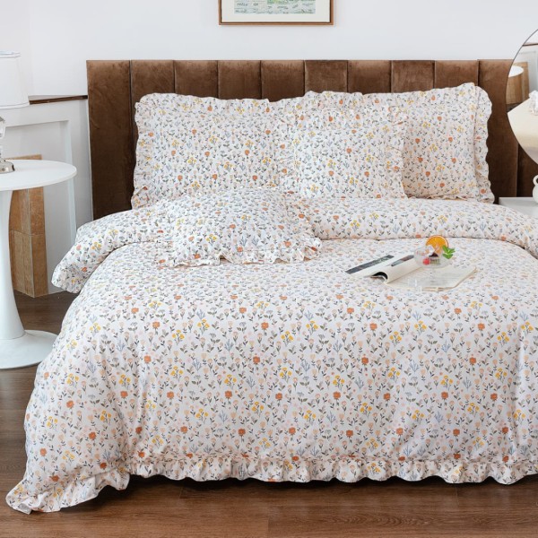 Lenjerie pat dublu,  Finet cu Volanase, CEARSAF CU ELASTIC, 6 piese, Alb, Floricele [1]