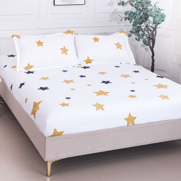 Cearsaf cu Elastic 180x200 cm + 2 Fete de Perna 50x70 cm, Alb, Stelute Galbene si Negre [1]