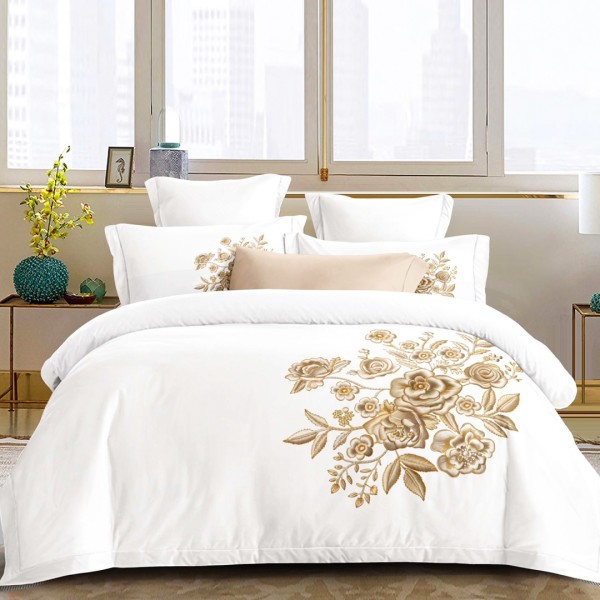 Lenjerie pat dublu, Primăvara,  FINET, Cearsaf cu Elastic 180x200cm, 4 piese, Alb, Maro, model cu flori - Lux Absolut, Delicatețe și Eleganță Desăvârșită [1]