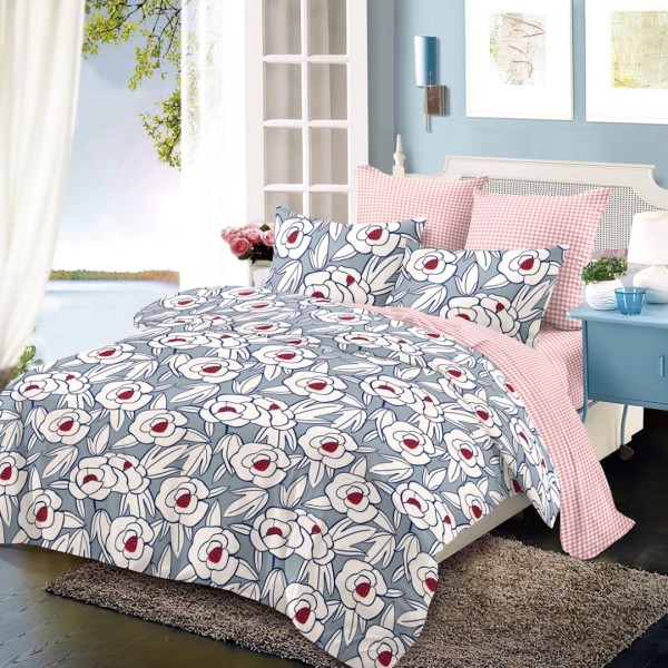 Lenjerie pat dublu,  FINET, cu elastic, 6 piese, Bleu, Roz, Flori [1]