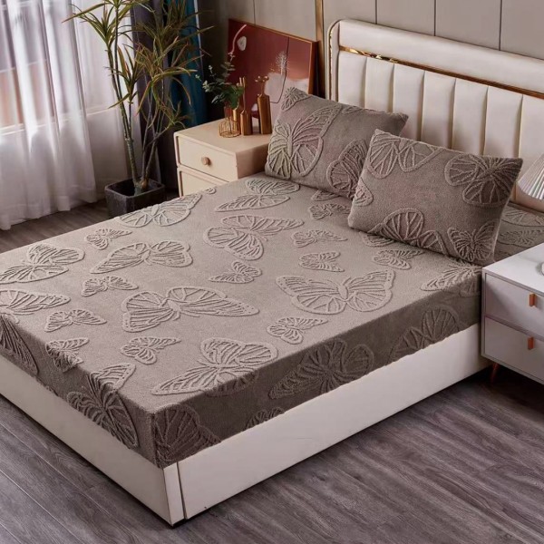 Cearșaf Cocolino 180/200 cm – Elastic 360°,  + 2 Fete Perna, Model Fluturi 3D, Moale și Călduros, Cappuccino [1]