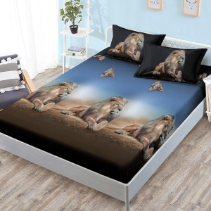 Cearsaf cu elastic, FINET, 180x200cm, 2 fete de perne 50x70cm, Albastru, Maro, Lei