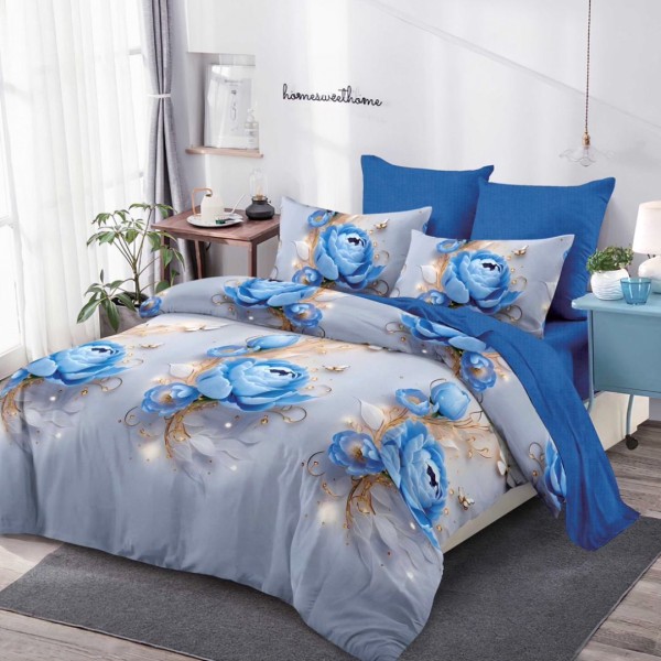 Lenjerie Pat Dublu (140x200cm, 160x200cm, 180x200cm), FINET, 6 piese, Gri, Bleu, Flori [1]
