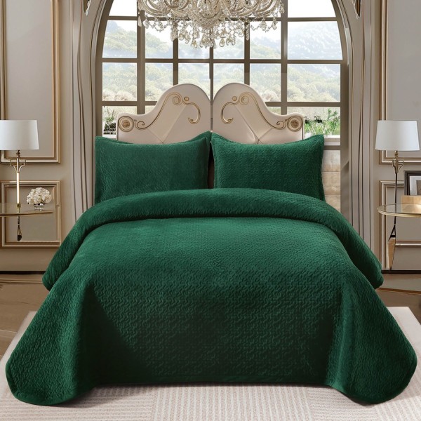 Cuvertura pat dublu, 3 piese, Catifea Luxury Matlasata, 230x240cm, Verde Smarald [1]