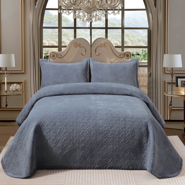 Cuvertura pat dublu, 3 piese, Catifea Luxury Matlasata, 230x240cm, Gri inchis [1]