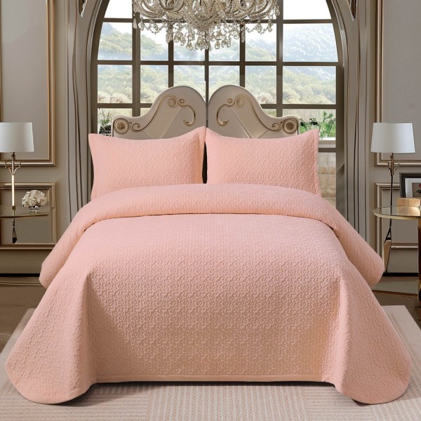 Cuvertura pat dublu, 3 piese, Catifea Luxury Matlasata, 230x240cm, Roz [1]