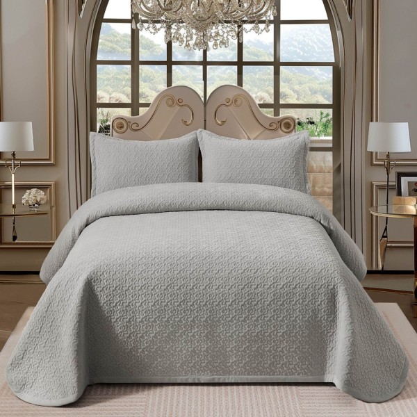 Cuvertura pat dublu, 3 piese, Catifea Luxury Matlasata, 230x240cm, Gri deschis [1]