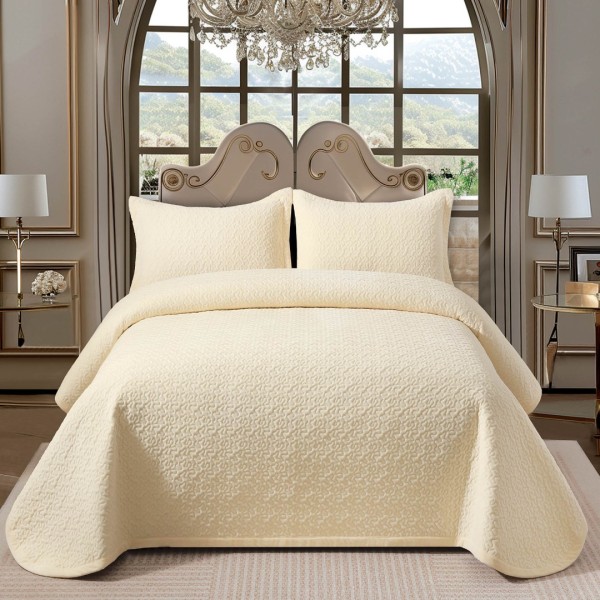 Cuvertura pat dublu, 3 piese, Catifea Luxury Matlasata, 230x240cm, Crem [1]