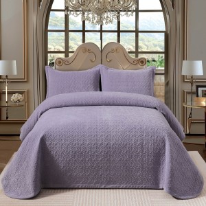 Cuvertura pat dublu, 3 piese, Catifea Luxury Matlasata, 230x240cm, Lavanda
