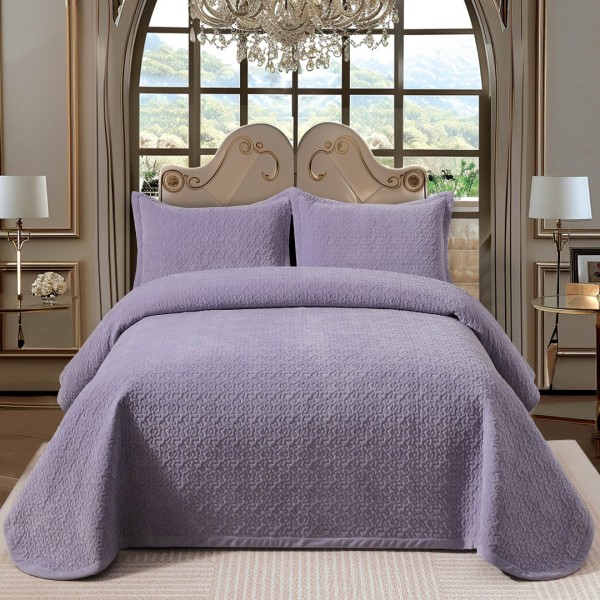 Cuvertura pat dublu, 3 piese, Catifea Luxury Matlasata, 230x240cm, Lavanda [1]
