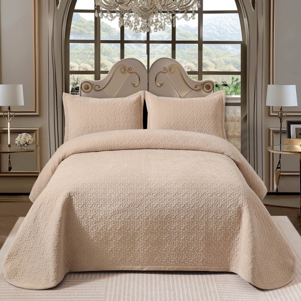 Cuvertura pat dublu, 3 piese, Catifea Luxury Matlasata, 230x240cm, Bej [1]