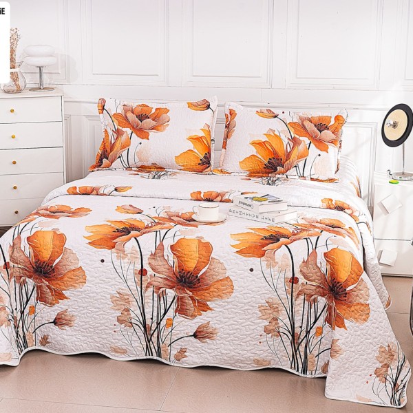 Cuvertura Matlasata din Bumbac Satinat, cu Bordura în Valuri (220x240 cm) + 2 Fete de Perna (52x72 cm), Alb, Maroniu, Flori, Frunze [1]