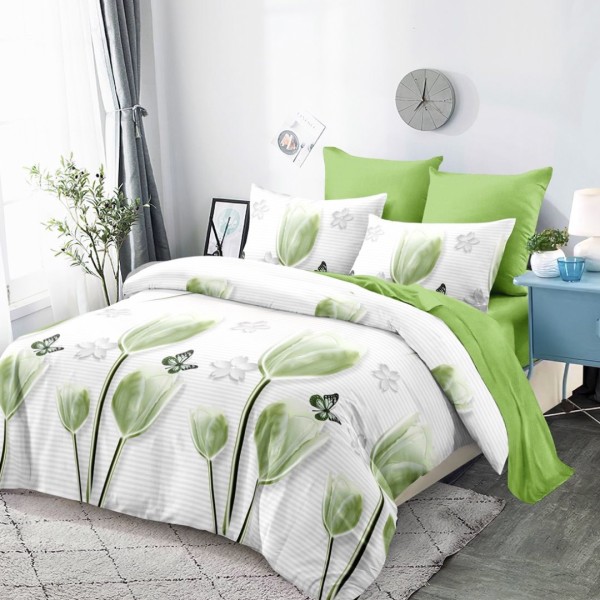 Lenjerie Pat Dublu (140x200cm, 160x200cm, 180x200cm), FINET, 6 piese, Gri, Vernil, Lalele, Fluturi [1]