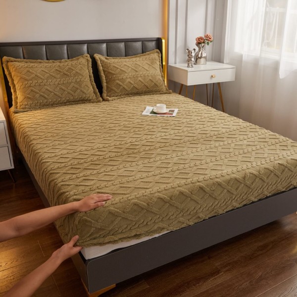 Cearșaf cu Elastic Cocolino, Model 3D Tricotat, 180x200x25 cm – Set cu 2 Fețe de Pernă, Gros și Pufos, Maroniu Olive [1]