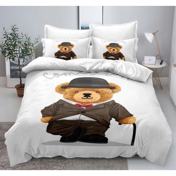 Lenjerie pat 1 PERSOANA (90x200cm, 100x200cm, 120x200cm), BUMBAC FINET, 4 piese, Identică cu Poza, Imprimeu Digital, Alb, Ursuleț Comedian [1]