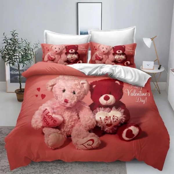 Lenjerie pat 1 PERSOANA (90x200cm, 100x200cm, 120x200cm), BUMBAC FINET, 4 piese, Identică cu Poza, Imprimeu Digital, Roz, Ursuleți Valentine's [1]