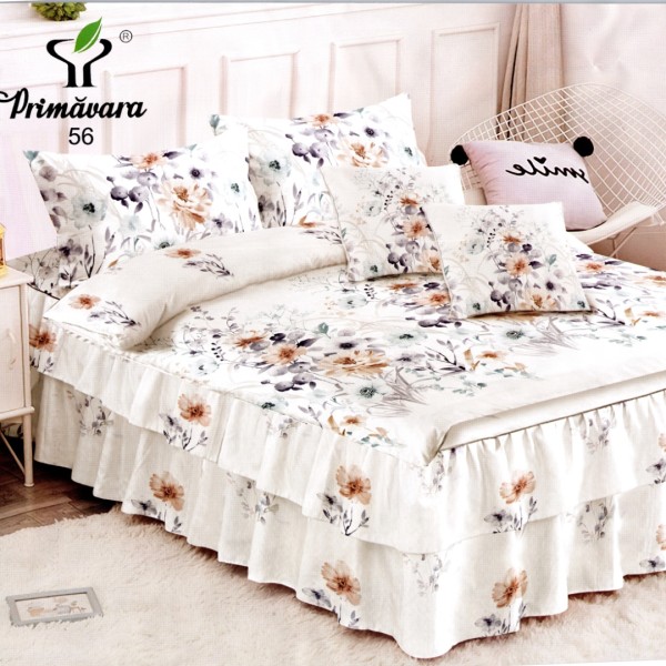 Lenjerie Premium Pat Dublu  FINET, 6 Piese – Volanase Sofisticate, Fixare Perfecta cu Elastic, Bej, Flori [1]