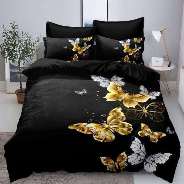 Lenjerie pat 1 PERSOANA (90x200cm, 100x200cm, 120x200cm), BUMBAC FINET, 4 piese, Identică cu Poza, Imprimeu Digital, Negru, Fluturi [1]