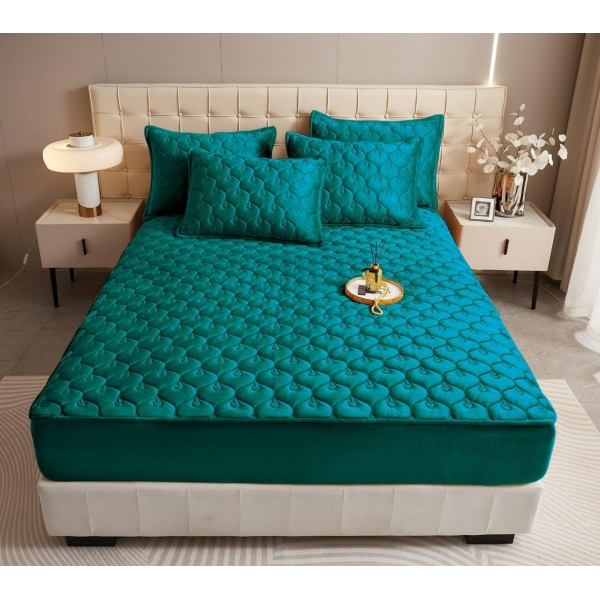 Husã matlasatã tip topper din catifea, 140x200cm + 2 fete de perna 50x70cm, verde inchis [1]