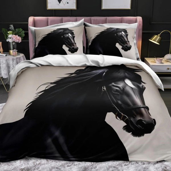 Lenjerie pat 1 PERSOANA (90x200cm, 100x200cm, 120x200cm), BUMBAC FINET, 4 piese, Identică cu Poza, Imprimeu Digital, Gri, Negru, Cal [1]