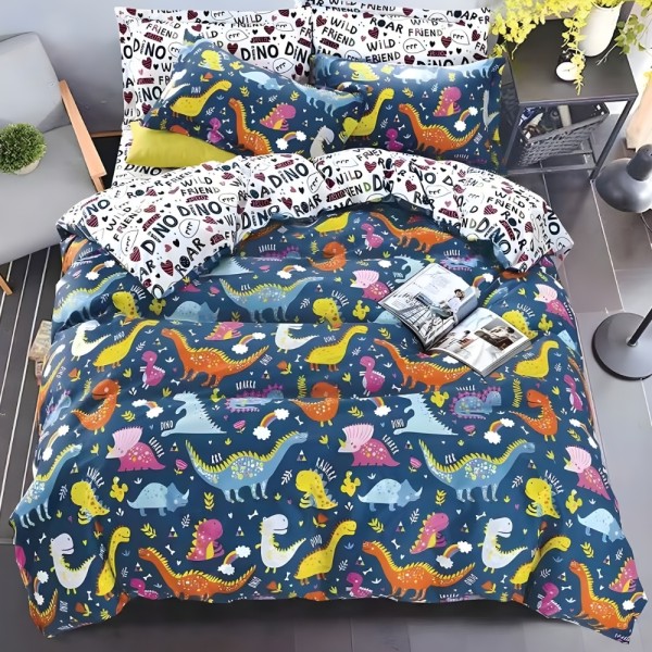 Lenjerie pat dublu, bumbac satinat, cearsaf clasic, 4 piese,  Albastru, Dinozauri [1]