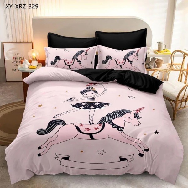 Lenjerie pat 1 PERSOANA (90x200cm, 100x200cm, 120x200cm), BUMBAC FINET, 4 piese, Identică cu Poza, Imprimeu Digital, Roz, Balerina [1]